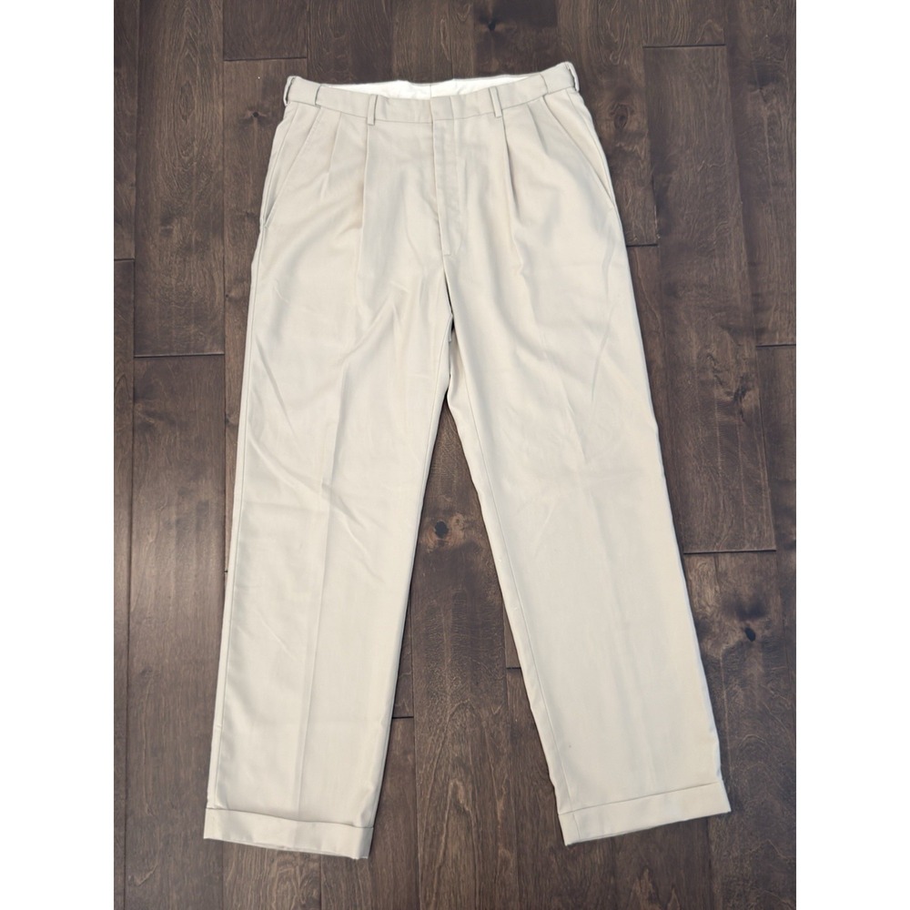 Haggar Mens Pleated Front Beige Tan Dress Pants Size 34X30 Expandable Waist Cuff